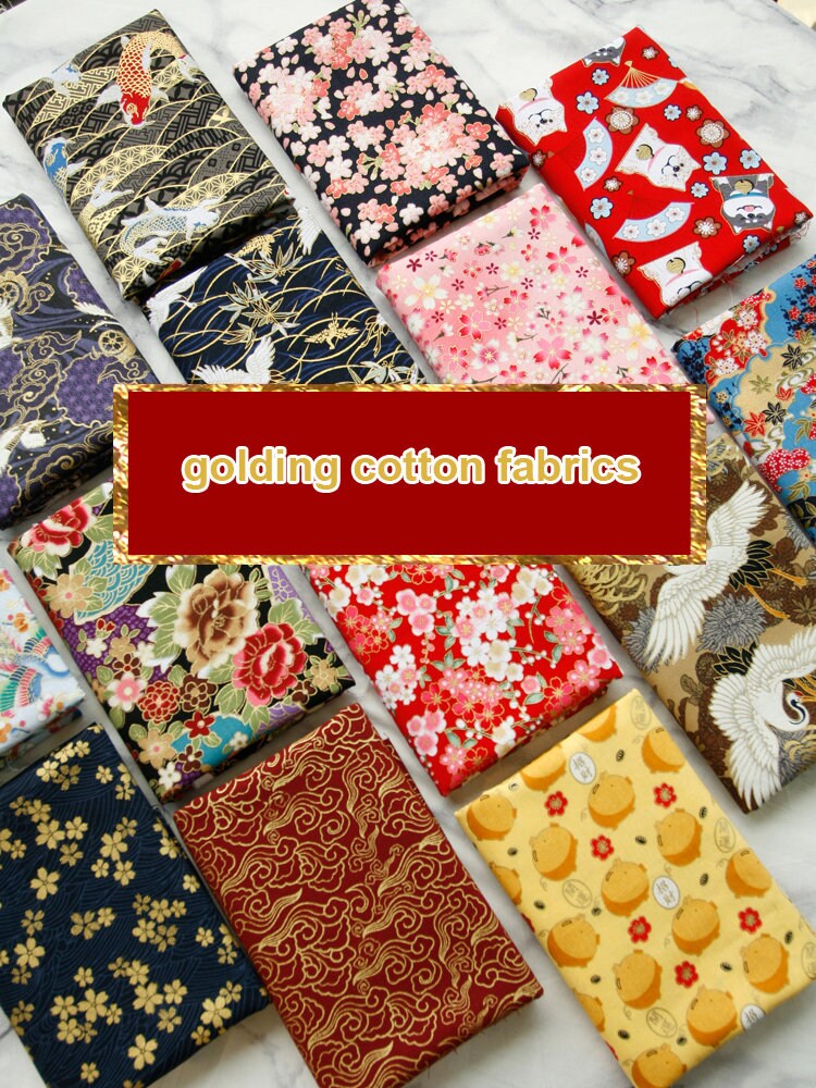 24 choose- Bronzing Cotton Fabric,  Gold Gilding Shabby Chic Sakura Dragon Flower Cotton Fabric In Red Yellow Green Black - 1/2 Yard