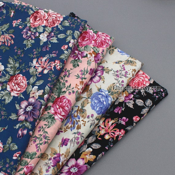Rose Floral Cotton Fabric Vintage Style Pink Blue Shabby Etsy