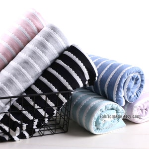 Lace Trimmed Knit Cotton Fabric, Pink Purple Blue Green Ivory Black Jersey Knit Lace Stripes Cotton- 1/2 Yard