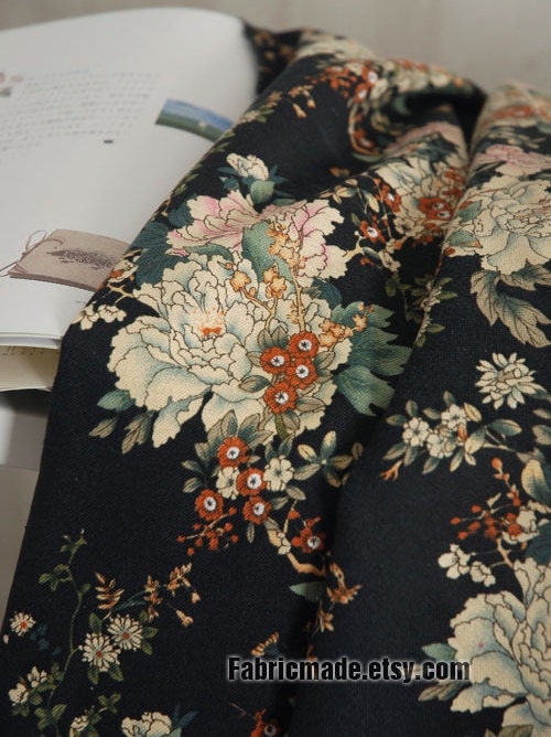 Quilting Fabric Large Beige Flower On Black Cotton Linen Fabric  - 1/…