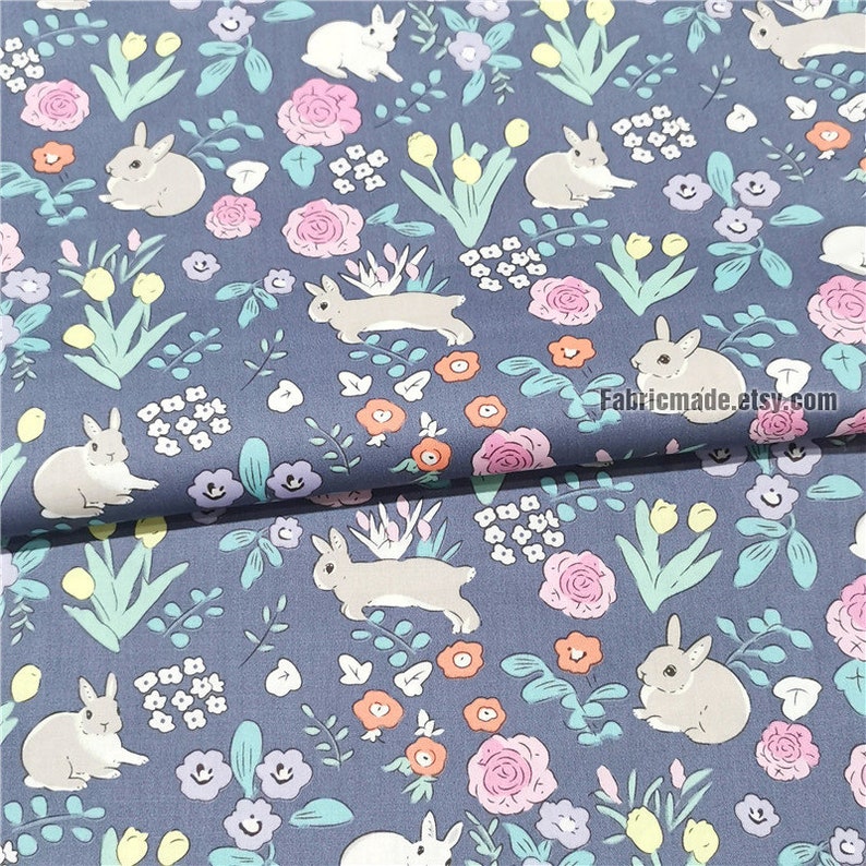 Cartoon Rabbit Flower Cotton Fabric In Navy Blue Pink 1/2 yard zdjęcie 6