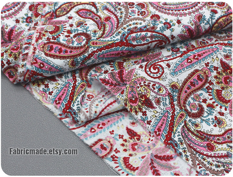 Antique Vtg Floral Paisley Cotton Fabric ~ Red Green Blue Yellow Black 
