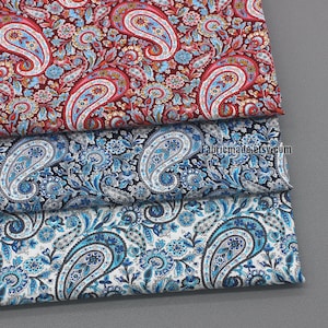 Vintage Paisley Cotton Fabric On Red Navy Blue White Floral - 1/2 yard