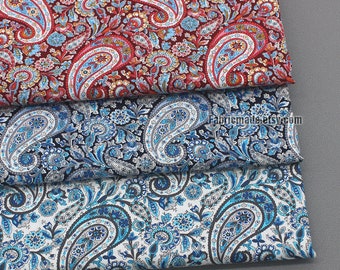 Vintage Paisley Cotton Fabric On Red Navy Blue White Floral - 1/2 yard