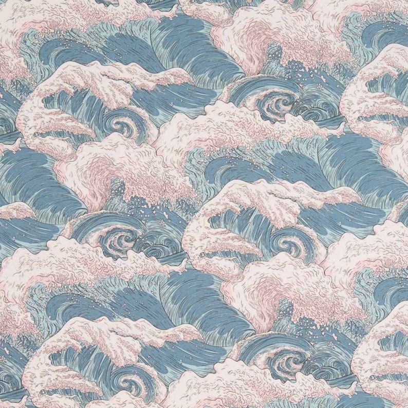May include: A repeating pattern of stylized ocean waves in shades of blue and pink. The design features swirling water and foamy crests, creating a dynamic and textured effect. The overall aesthetic is reminiscent of traditional Japanese art.