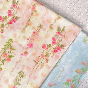 Little Pink Floral Cotton Fabric On Light Pink Blue Cotton - 1/2 yard