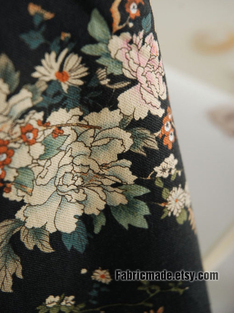Quilting Fabric Large Beige Flower on Black Cotton Linen Etsy