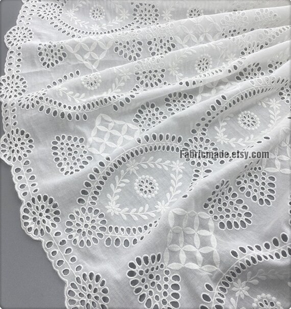 White Embroidered Eyelet Fabric Hollowed Flower Lace Cotton