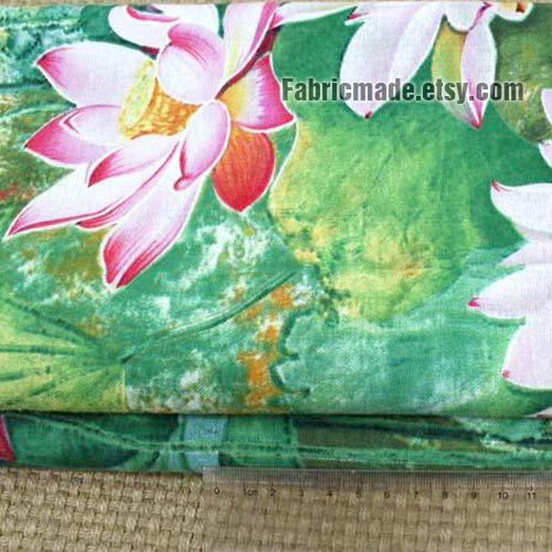 Water Lily Floral Cotton Linen Fabric, Water Painting Style, Large Lotus Fabric for Large Bag 1/2 yard image 3