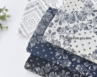 Paisley Flower Clotton Fabric Vintage Styles Black Navy Blue White Floral Cotton- 1/2 Yard