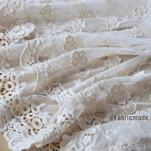 Beige White Tulle Embroidered Lace Fabric, Borders Lace Scalloped Edges, Bridal Wedding Lace Fabric, Dress Curtain Fabric- 1/2 yard Lace