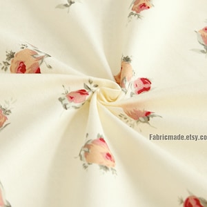 Lovely Floral Cotton Fabric, Yellow Pink Rose Floral On Light Yellow Cotton, Shabby Chic Flower- 1/2 Yard