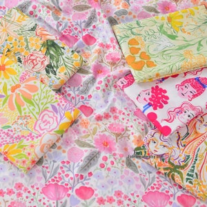 Shabby Pink Yellow Floral Cotton Fabric For Girls Dress Garment - 1/2 yard