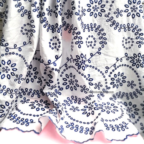 Flower Lace Fabric Embroidered Cotton Navy Blue Flower
