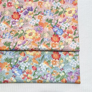 Country Floral Birds Cotton Fabric Orange Blue Flower Cotton -1/2 yard