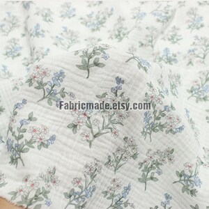 Blue Flower Double Gauze Floral Print Swaddle Fabric, Muslin material- 1/2 yard 1 off white