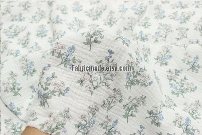 Blue Flower Double Gauze Floral Print Swaddle Fabric, Muslin material- 1/2 yard 1 off white
