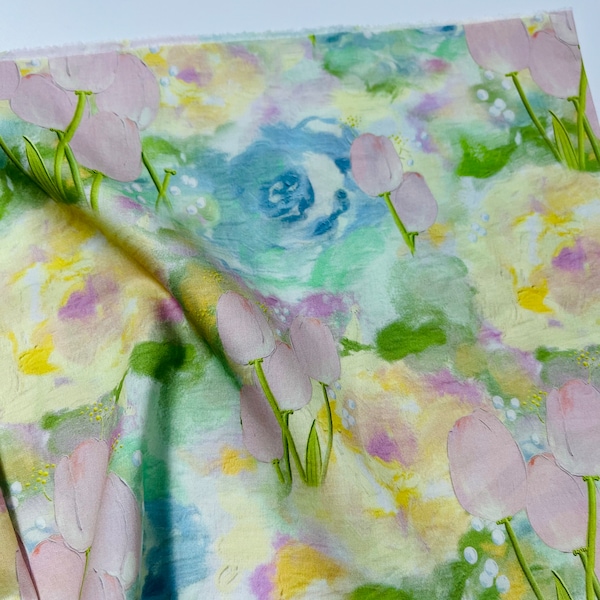 One Yard - Watercolor Purple Yellow Tulip Flower Cotton Fabric- Fabric By The Yard