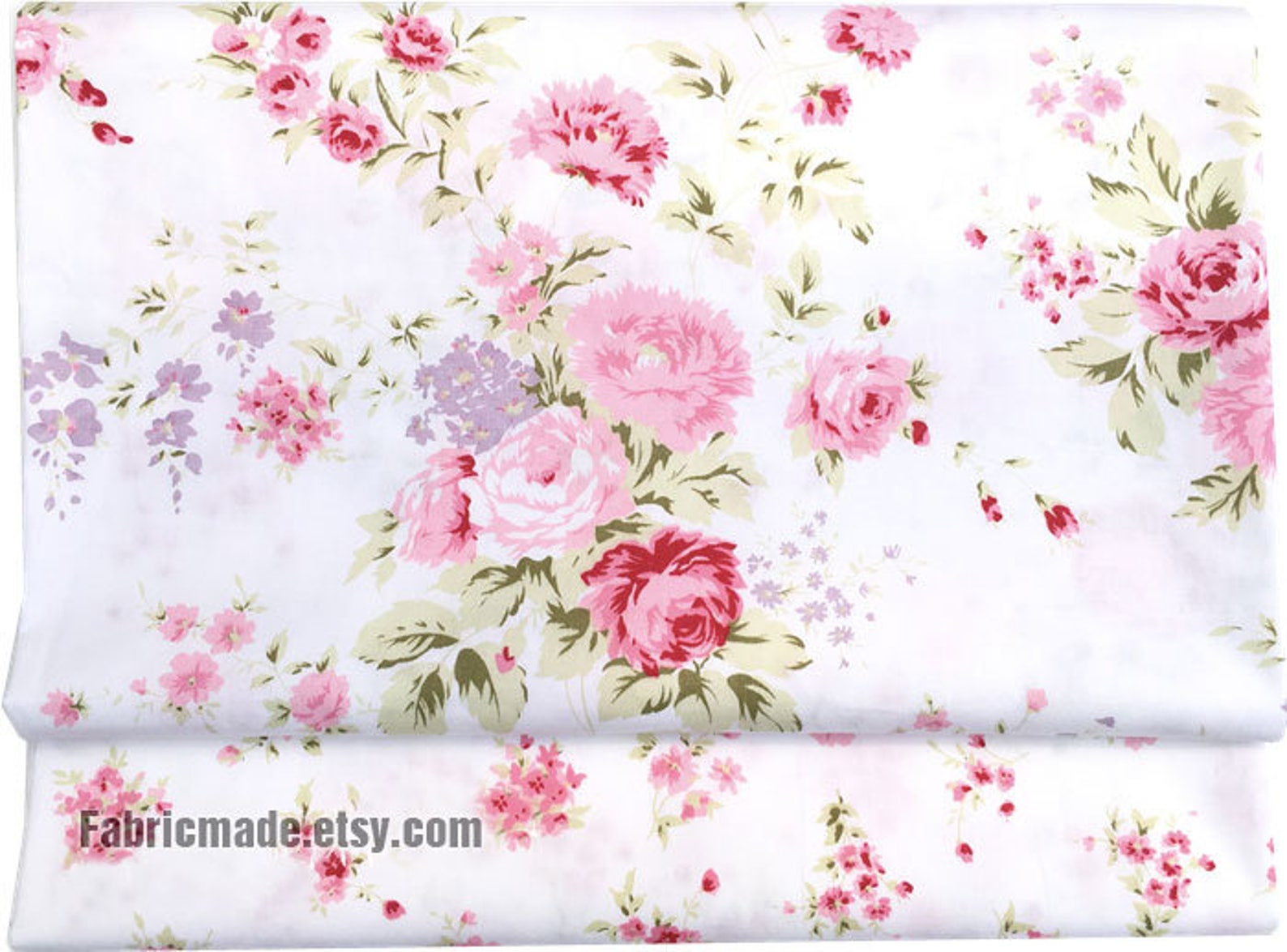 Shabby Chic Pink Rose Floral Cotton Fabric on White Cotton - Etsy