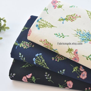 Shabby Floral Fine Canvas Cotton Ivory Black Navy Blue forget me not Flower - 1/2 Yard