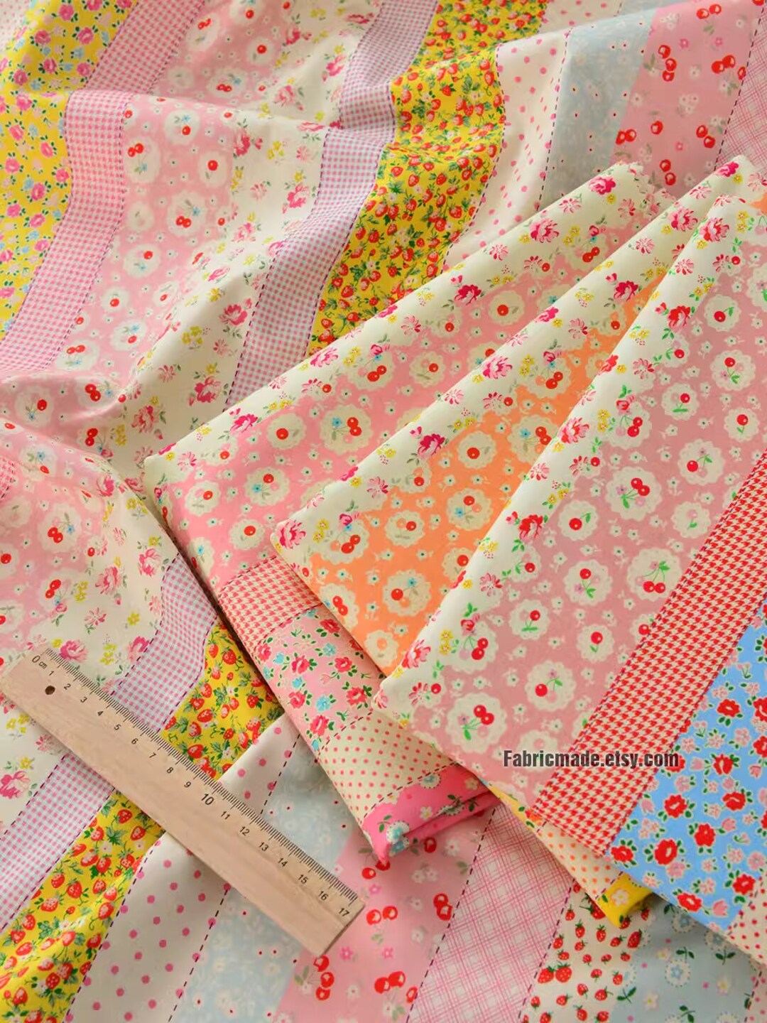 Shabby Chic Cherry Rose Floral Wall Stripes Cotton Fabric Pink Flower ...