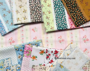 Shabby Chic Rose Floral Wall Stripes Patchwork Cotton Fabric - 1/2 yard