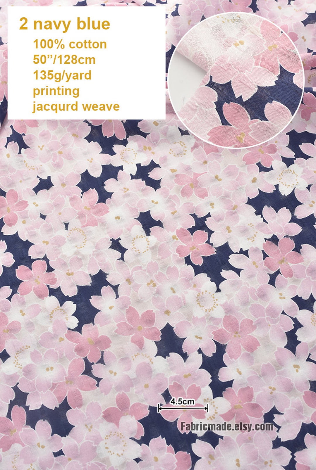 Lilac Pink Sakura Floral Fabric on Navy Blue Purple Cotton Fabric Light ...