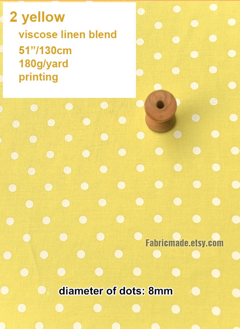 White Polka Dot On Green Yellow Linen Viscose Blend Fabric 1/2 yard 2 yellow dots