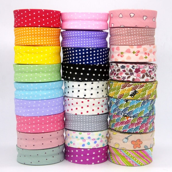 40 styles- 10 meters Geometric Polka Dots Stripes Gingham Plaid bias binding, 1" 25mm 100% cotton edging tape for quilting, bunting