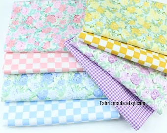 Tissu en coton à fleurs roses - Coton à carreaux roses bleus violets jaunes classiques - Un demi-mètre
