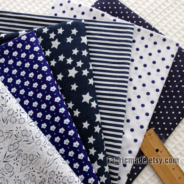 Navy Blue Cotton Fabric Bundle Navy White Flower Stripes Polka Dots Stars Cotton for Quilting Patch Work Craft -  Sets for 6 each 45cmX45cm