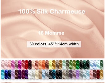 60 Colors- 100% Silk Charmeuse Fabric Pure Silk Solid Fabrics  45 inch 16 Momme - 19.6"/50cm