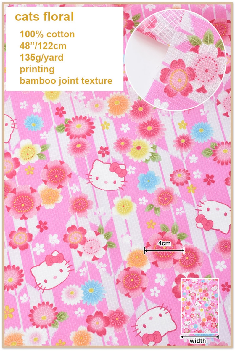 Cartoon Cats Rabbit Floral Cotton Fabric Pink Flower Cotton 12 Yard