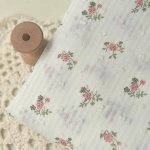 Thin Little Red Flower Cotton Fabric On Off White Jacquard Dots Stripes Cotton - 1/2 yard