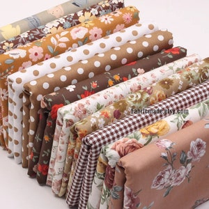 Brown Floral Polka Dots Solid Cotton Fabric Collection - 1/2 Yard