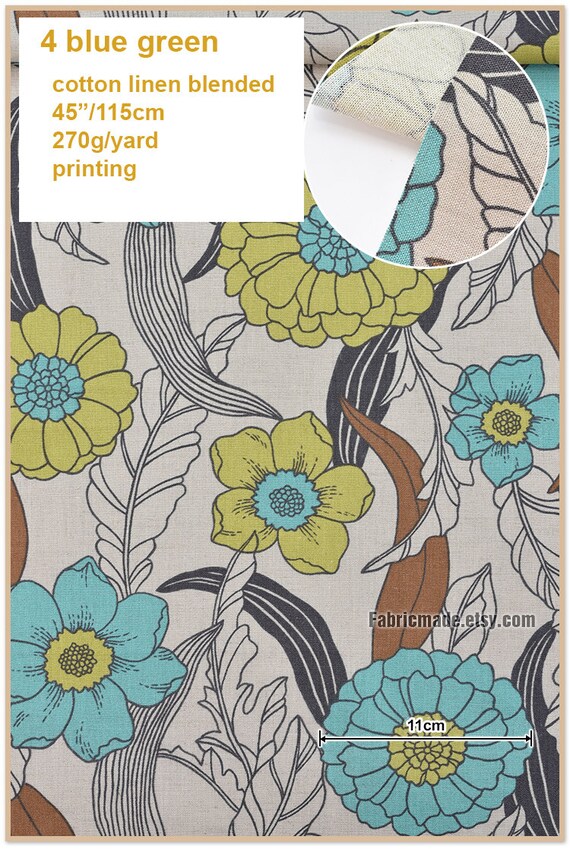Large Floral Linen Fabric Brown Yellow Blue Floral Fabric For Etsy