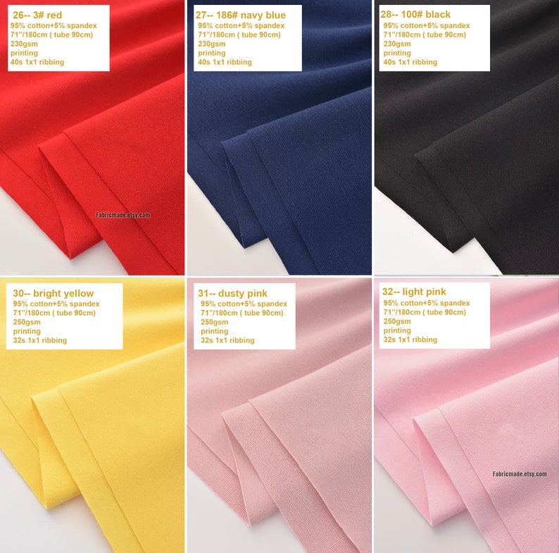Puede incluir: Seis muestras de tela en diferentes colores: rojo, azul marino, negro, amarillo, rosa polvoriento y rosa claro. Cada muestra es 95% algod&oacute;n y 5% elastano, mide 71 pulgadas por 180 cent&iacute;metros y tiene un ancho de tubo de 90 cent&iacute;metros. La tela pesa 230 gramos por metro cuadrado para las muestras roja, azul marino y negra, y 250 gramos por metro cuadrado para las muestras amarilla, rosa polvoriento y rosa claro. Todas las muestras tienen un ribete 40s 1x1 para las muestras roja, azul marino y negra, y un ribete 32s 1x1 para las muestras amarilla, rosa polvoriento y rosa claro.