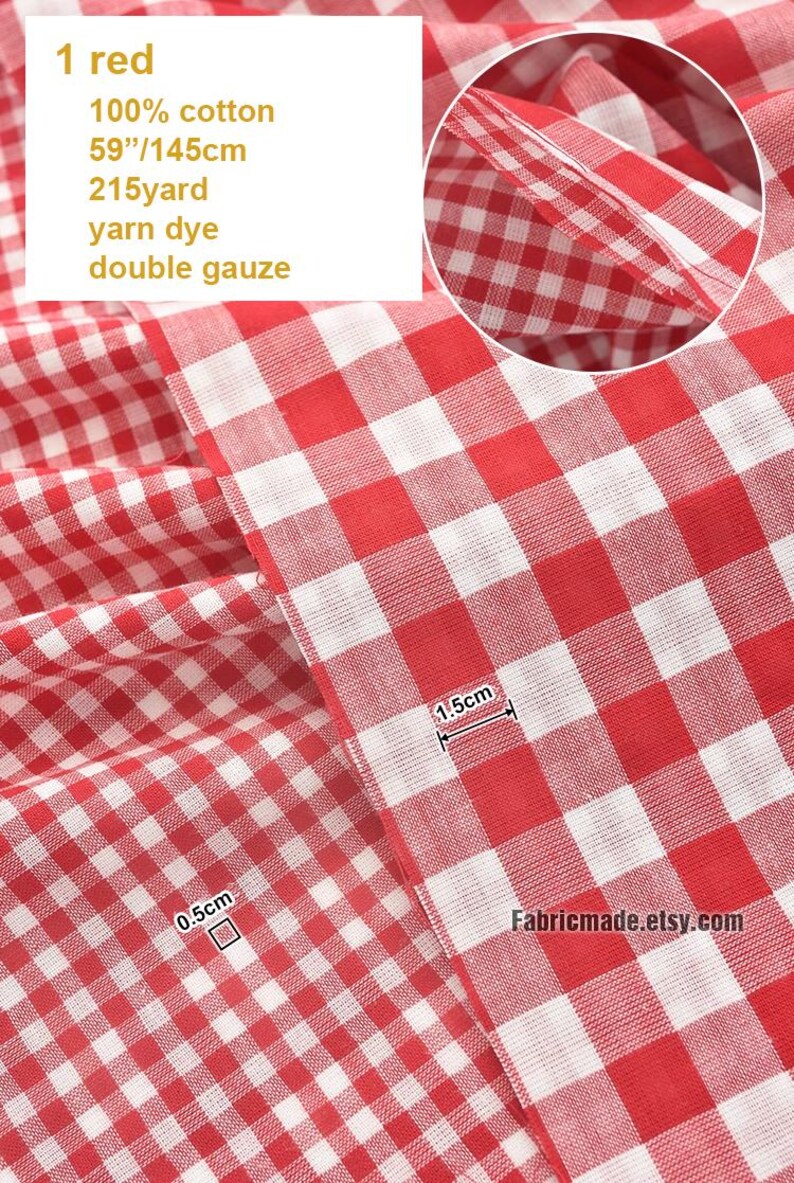 May include: Red and white checkered double gauze fabric. The fabric is 59 inches wide and made of 100% cotton. The image includes text that says "1 red", "100% cotton", "59"/145cm", "215yard", "yarn dye", and "double gauze".
