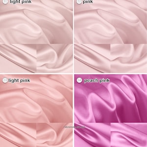 May include: Four swatches of satin fabric in different shades of pink. The swatches are labeled with numbers and names: 01 light pink, 02 pink, 03 light pink, and 04 peach pink.