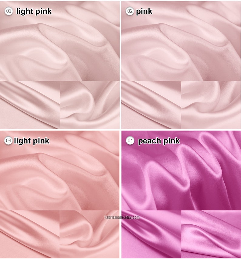 May include: Four swatches of satin fabric in different shades of pink. The swatches are labeled with numbers and names: 01 light pink, 02 pink, 03 light pink, and 04 peach pink.