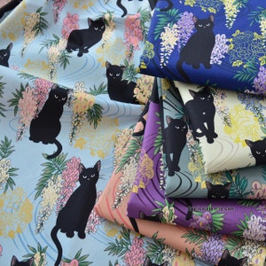 Black Cats & Floral Cotton Fabric- 1/2 yard