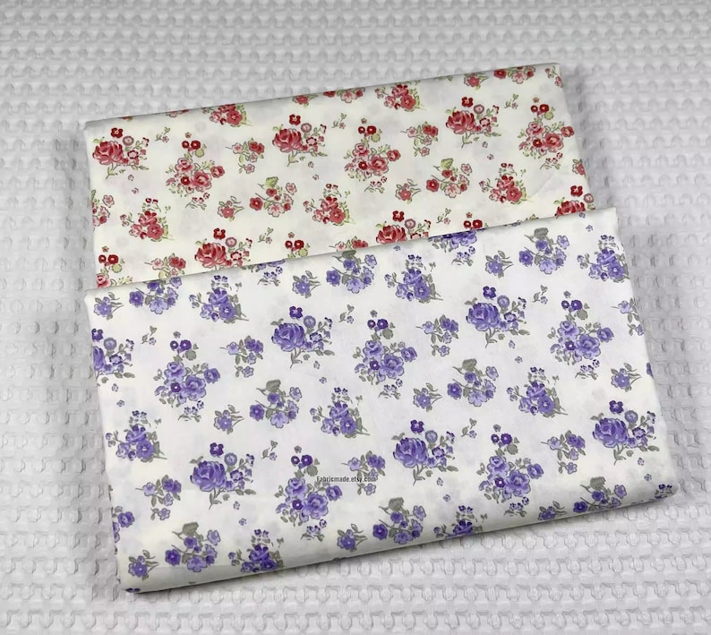Rose Flower Cotton Fabric/ Purple Red Roses Floral Cotton For Quilt Summer Dress 1/2 yard image 1