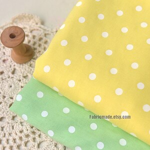 White Polka Dot On Green Yellow Linen Viscose Blend Fabric 1/2 yard image 1