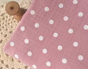 Dusty Pink Polka Dots Double Gauze Cotton Fabric White Offset Dots -1/2 Yard