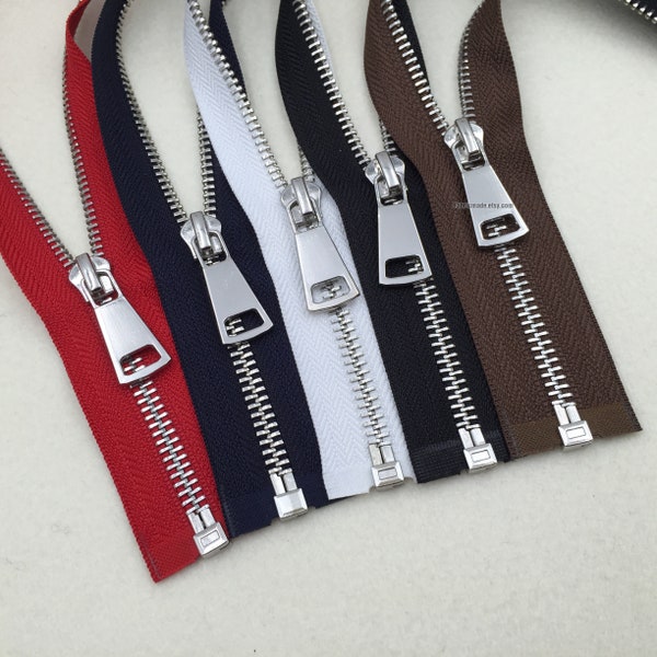 20"-59" Silver Teeth Zippers, Red White Black Brown Navy Metal Zippers For Jackets & Chaps #5 BRASS Separating - Select Color and Length