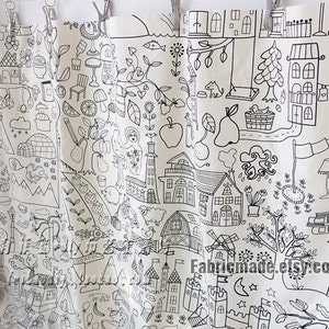 Children Linen Cotton Blend Fabric, Off White Linen With Cute Pencil Sketch Drawing 1/2 yard image 2