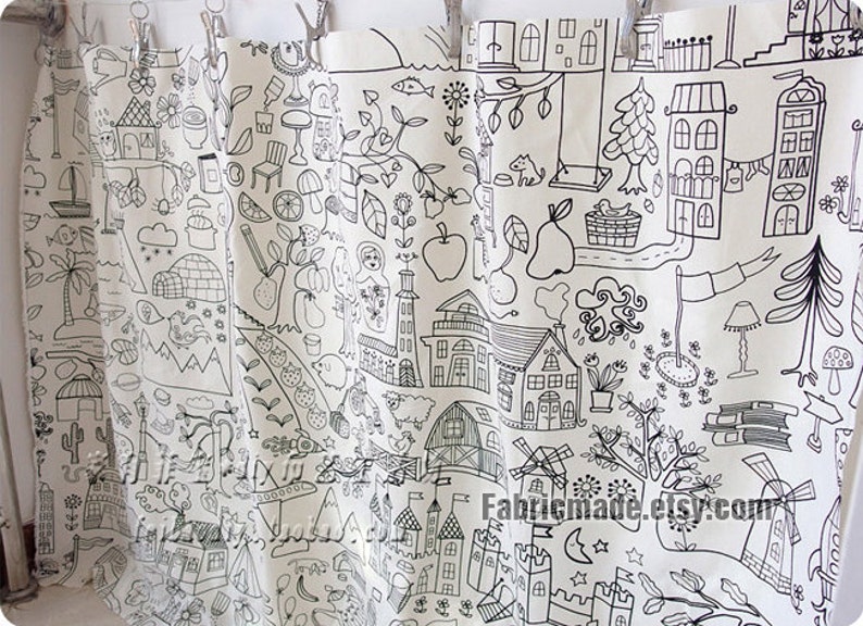 Children Linen Cotton Blend Fabric, Off White Linen With Cute Pencil Sketch Drawing 1/2 yard image 2