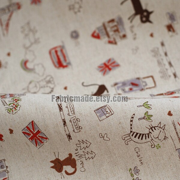 Kids Cute Fabric Children's Drawing Cotton Linen Fabric Cat Travel Round The World  - 1/2 Yard