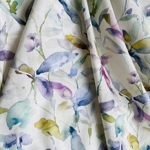 One Yard - Watercolor Green Purple Leaves Cotton Fabric Light - Fabric By The Yard