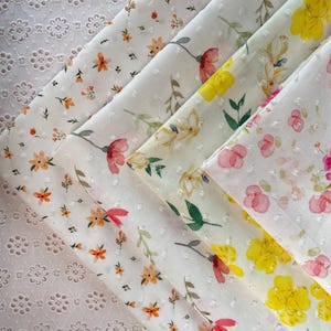 Pastel Red Yellow Pink Flower Cotton Fabric Jacquard Dots In White Cream - 1/2 yard